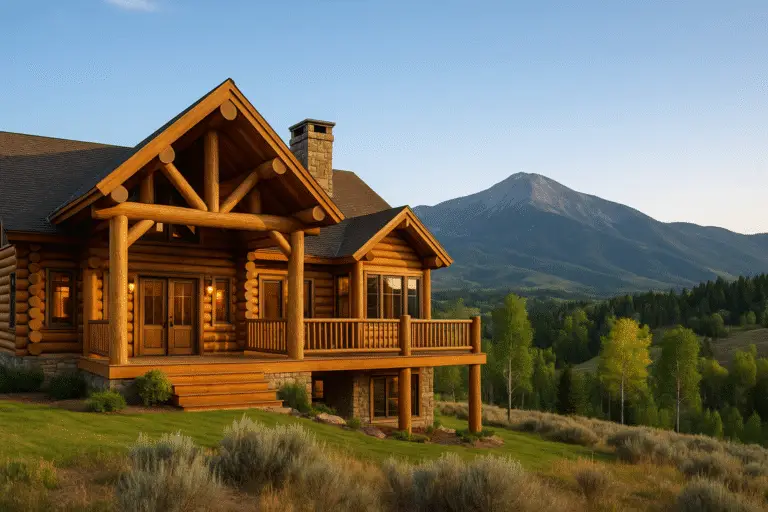 Luxury log home in Steamboat Springs, Colorado with mountain views, stone chimney, and warm golden evening light.