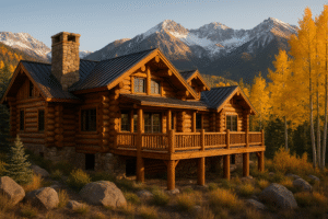 Hand-peeled honey-stained log lodge with dark roof and stone chimney among aspens and spruce, Telluride, CO | Pencil Log Pros