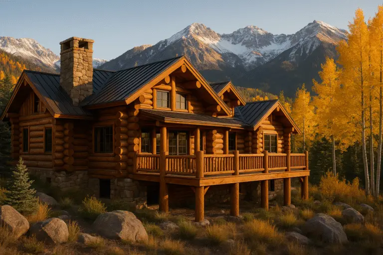 Hand-peeled honey-stained log lodge with dark roof and stone chimney among aspens and spruce, Telluride, CO | Pencil Log Pros