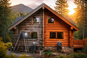Total Log Cabin Restoration in Colorado showing a split before-and-after log cabin exterior with weathered logs on one side and freshly stained restored logs on the other.