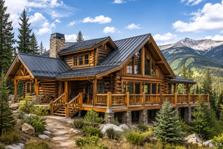 Restored timber log home with charcoal metal roof, stone chimney and alpine evergreens in Vail, CO, by Pencil Log Pros.