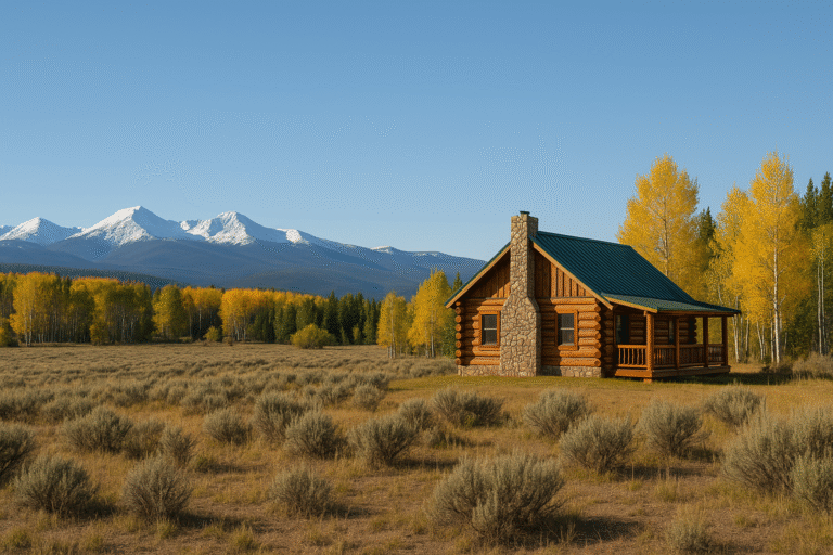 Log cabin in Walden, Colorado surrounded by sagebrush meadow, golden aspens, and snow-capped Never Summer Range peaks under a clear alpine sky.