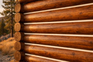 Close-up of log cabin wall showing clean chinking lines between logs in a Western mountain setting