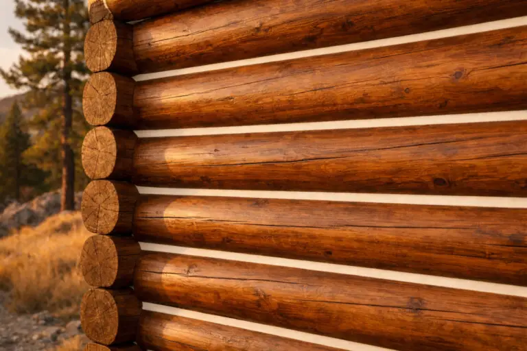 Close-up of log cabin wall showing clean chinking lines between logs in a Western mountain setting