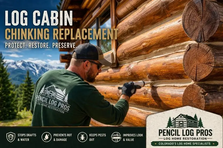 Pencil Log Pros specialist applying chinking replacement on a Colorado log cabin to seal gaps, stop drafts, and protect logs from water damage.