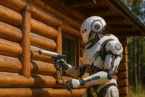 Futuristic robot applying chinking to a log cabin wall, symbolizing AI and job automation in skilled trades.