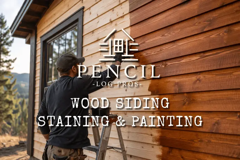 Professional contractor staining wood siding on a Colorado home during exterior wood siding restoration and refinishing project