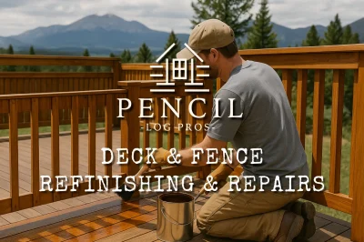 Worker applying stain to a wooden deck and fence in the Colorado mountains, focusing on clean prep, durable finish, and UV-resistant refinishing.