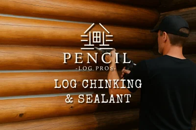 Professional craftsmanLog Chinking & Sealant - applying new chinking and sealant to exterior log walls, contrasting fresh sealant with aged sections for a clean finish.