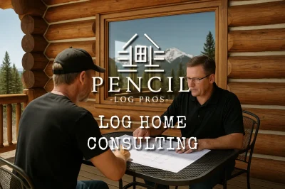 Log Home Consulting - Two professionals reviewing blueprints at a mountain log home site in Colorado, discussing restoration and maintenance plans.