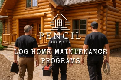 Three log home maintenance professionals walking toward a log home carrying tools and inspection equipment, preparing for routine maintenance service.