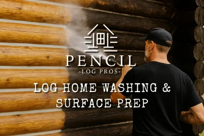 Log Home Washing & Surface Prep - Professional pressure washing a log home exterior, removing dirt and discoloration to reveal clean wood surface beneath mist and spray.