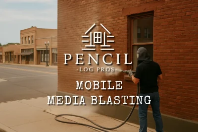 Pencil Log Pros mobile media blasting rig stripping coatings from a log home exterior.