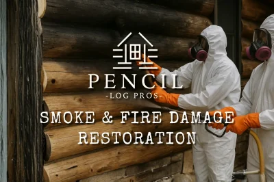 Workers restoring a smoke and fire damaged log home exterior, cleaning charred logs with protective gear and specialized equipment.