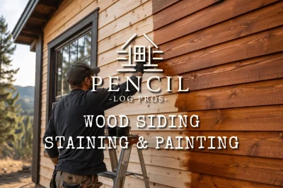 Wood siding staining painting in Colorado — Pencil Log Pros services cedar, shiplap, board-and-batten, shake, and T1-11 wood siding for cabins and mountain homes