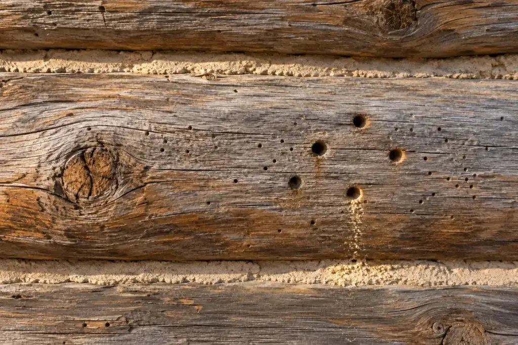 What businesses offer log cabin pest and insect damage treatment? Round wood-boring insect exit holes and sawdust frass on a weathered log cabin wall