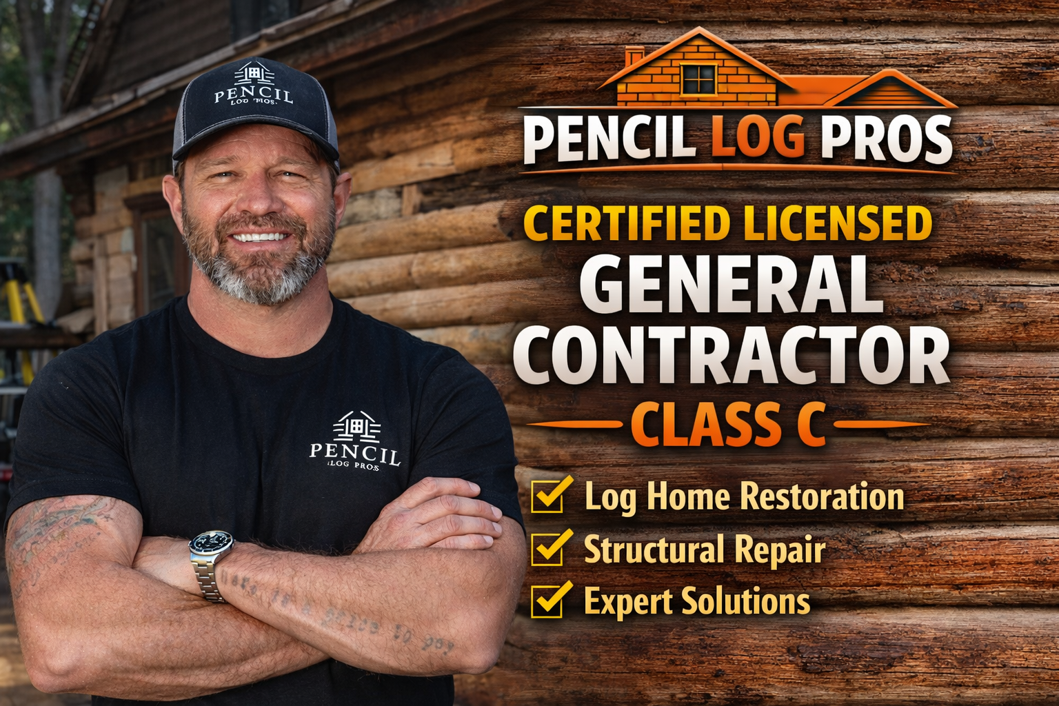 Brad Siler of Pencil Log Pros Certified Licensed General Contractor Class C standing in front of a log home promoting log home restoration and structural repair